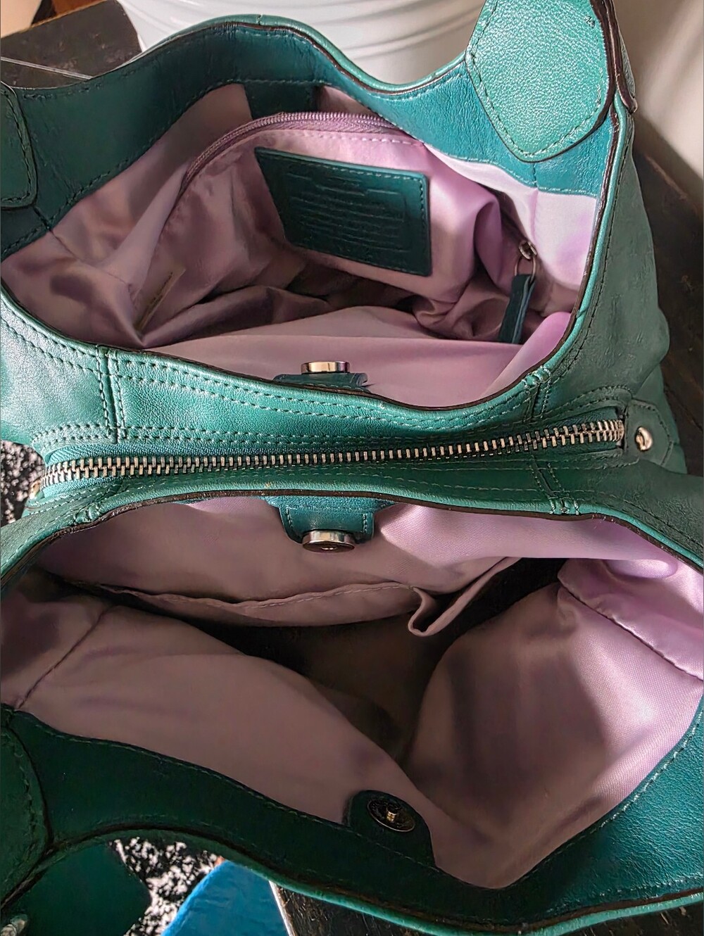 Coach Ashley Teal Green Leather Hobo Slouchy Shoulder Bag F21926 12x9x3 - Picture 4 of 12